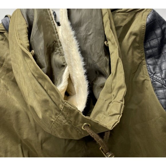 Green Zara Leather and Khaki Winter/Fall Coat Parka L -As is front zipper broken - Picture 4 of 16